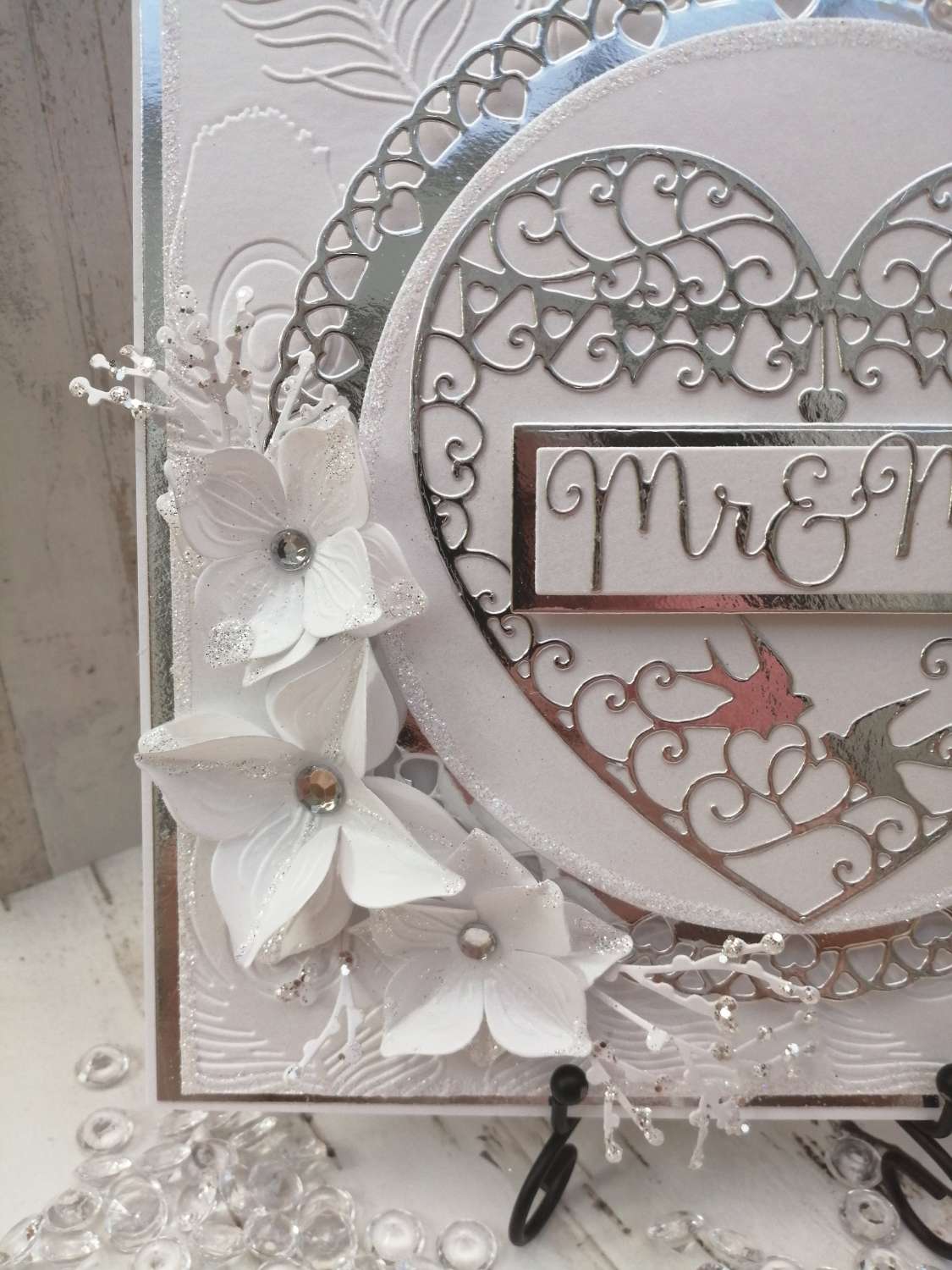 Luxury Handmade Wedding Card - White & Silver with lace heart inlay & Mr & Mrs sentiment, white flowers sprays Luxury Handmade Wedding Card - White & Silver with lace heart inlay & Mr & Mrs sentiment, white flowers sprays