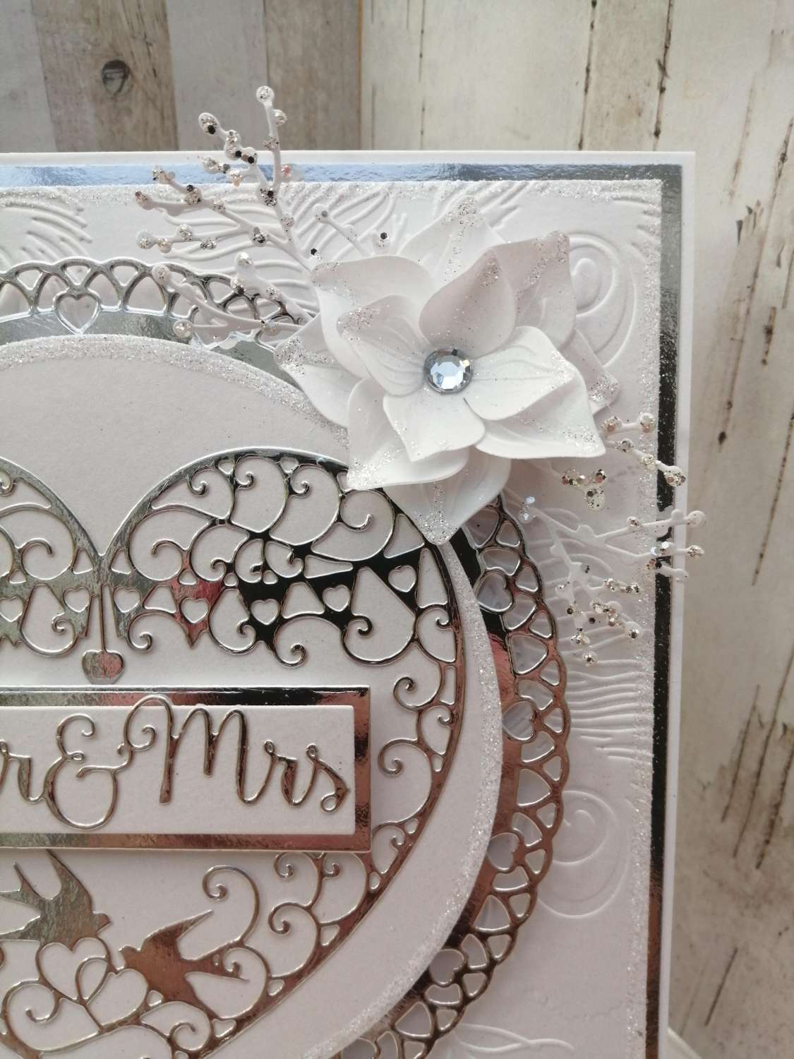 Luxury Handmade Wedding Card - White & Silver with lace heart inlay & Mr & Mrs sentiment, white flowers sprays Luxury Handmade Wedding Card - White & Silver with lace heart inlay & Mr & Mrs sentiment, white flowers sprays