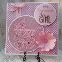 Luxury Handmade Congratulations 'It's a Girl' card, with lacey pram & flower