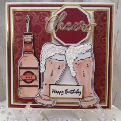 Luxury Handmade card - Red & Gold Men's 'Cheers Happy Birthday' embossed bottle top background , double pints