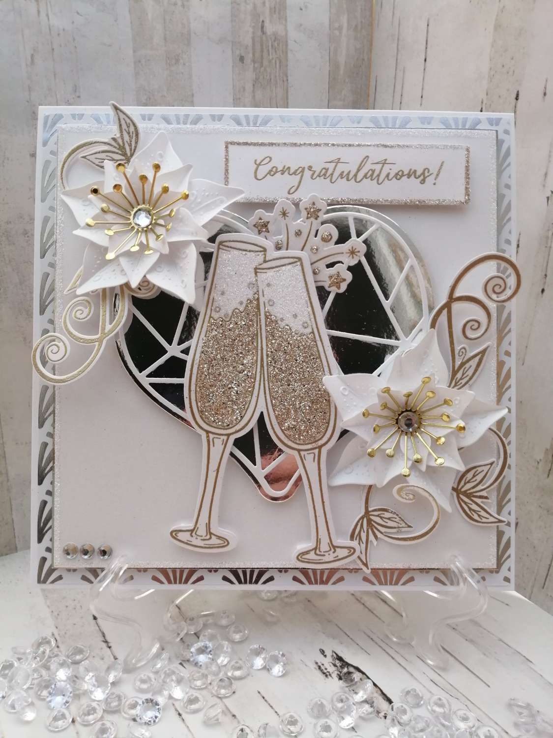 Luxury Handmade Card White, Gold & Silver Congratulations, double champagne flutes, heart