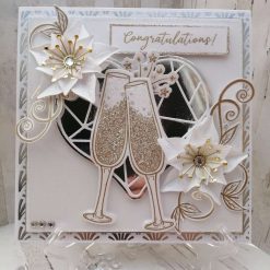 Luxury Handmade Card -  White, Gold & Silver- Congratulations, double champagne flutes, heart centre & star flowers