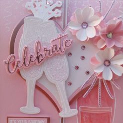Luxury Handmade Birthday card - Celebrate 'It's your birthday' Rose Quartz, pink & white with heart & glass flutes 2