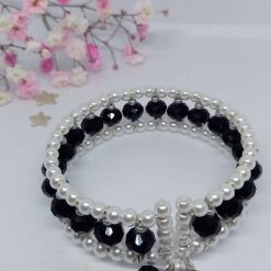 Glass Pearl, Black Crystal Rondelle, Cuff Bracelet.