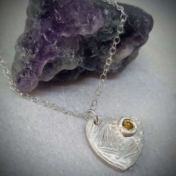 Silver Textured Heart Pendant Necklace with Yellow Stone