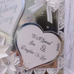 Luxury Handmade Keepsake Wedding Card - White & Silver, 8"x8" 'Congratulations on your wedding day, to a special son & daughter in law' 3 Luxury Handmade Keepsake Wedding Card - White & Silver, 8"x8" 'Congratulations on your wedding day, to a special son & daughter in law' 3