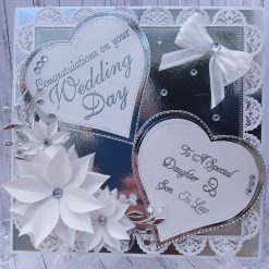 Luxury Handmade Keepsake Wedding Card - White & Silver, 8"x8" 'Congratulations on your wedding day, to a special daughter & son in law'