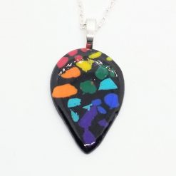 handmade polymer clay abstract rainbow teardrop pendant on black