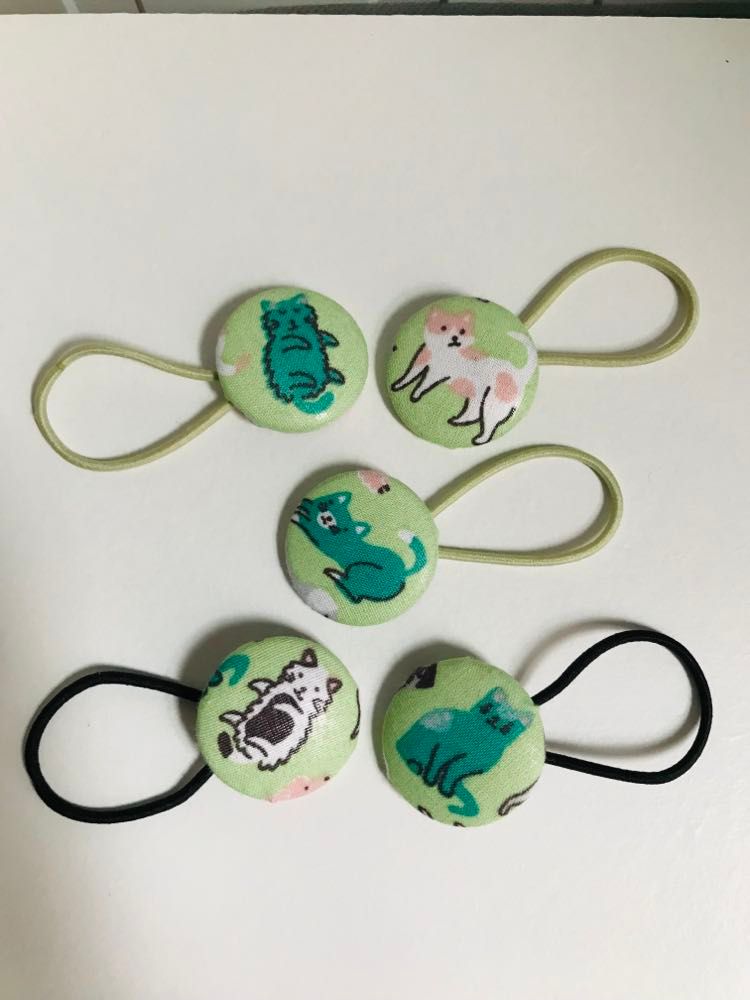 green cat Handmade button bobble hair ties- dog & cat collection 1
