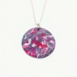 Flowers - handmade polymer clay round pendant in marbled pinks and purples