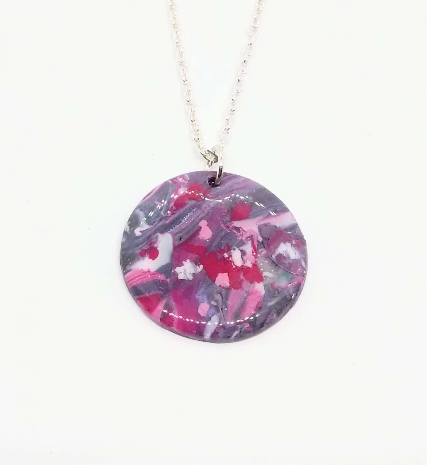 Flowers - handmade polymer clay round pendant in marbled pinks and purples Flowers - handmade polymer clay round pendant in marbled pinks and purples