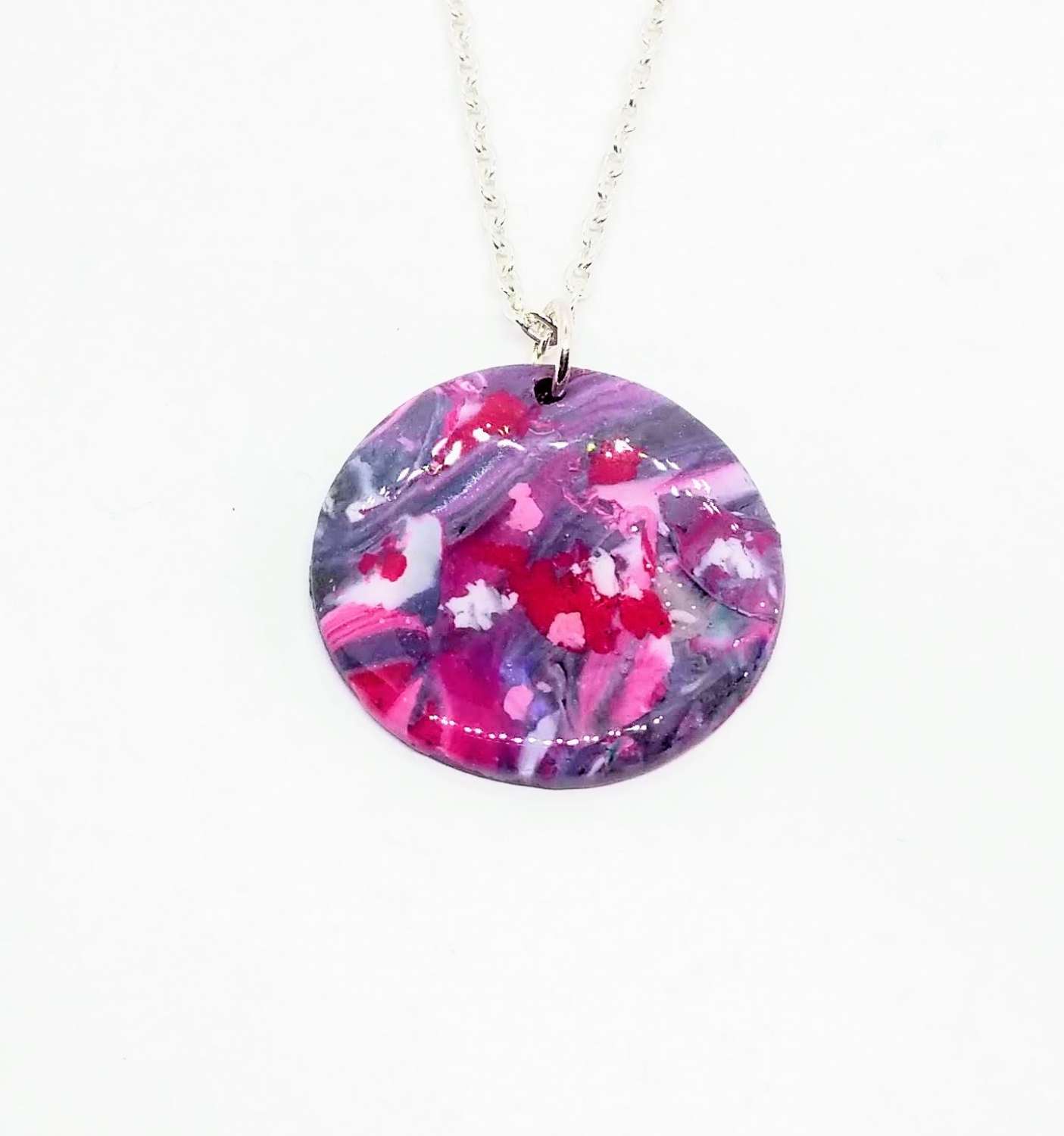 Flowers - handmade polymer clay round pendant in marbled pinks and purples Flowers - handmade polymer clay round pendant in marbled pinks and purples