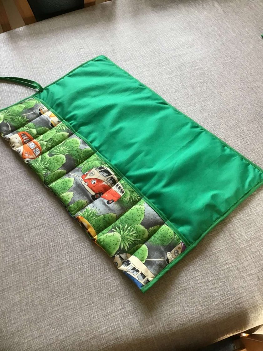 Campervan cutlery roll, green campervan fabric green lining MadeMe