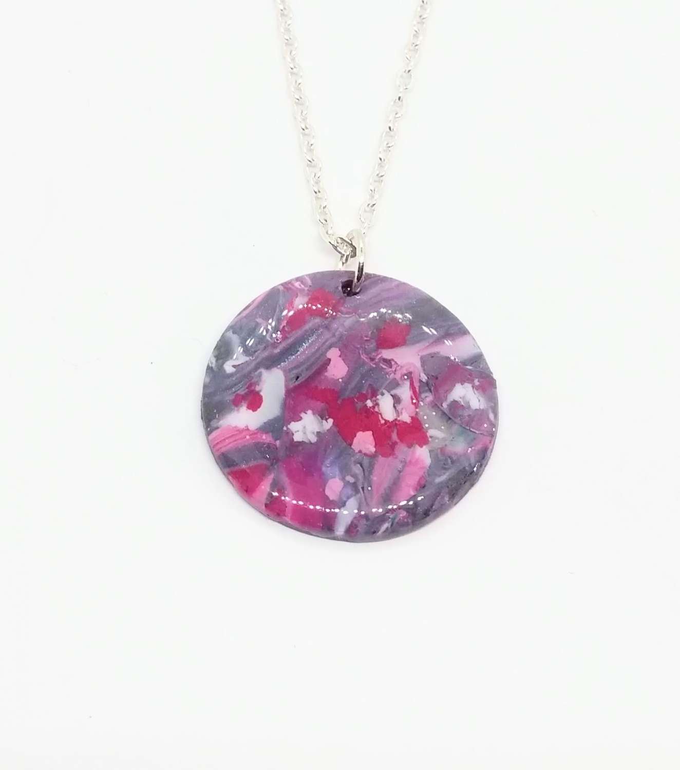 Flowers - handmade polymer clay round pendant in marbled pinks and purples Flowers - handmade polymer clay round pendant in marbled pinks and purples