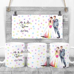Bride and groom mug with pastel hearts