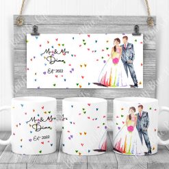 Bride and groom mug with rainbow hearts