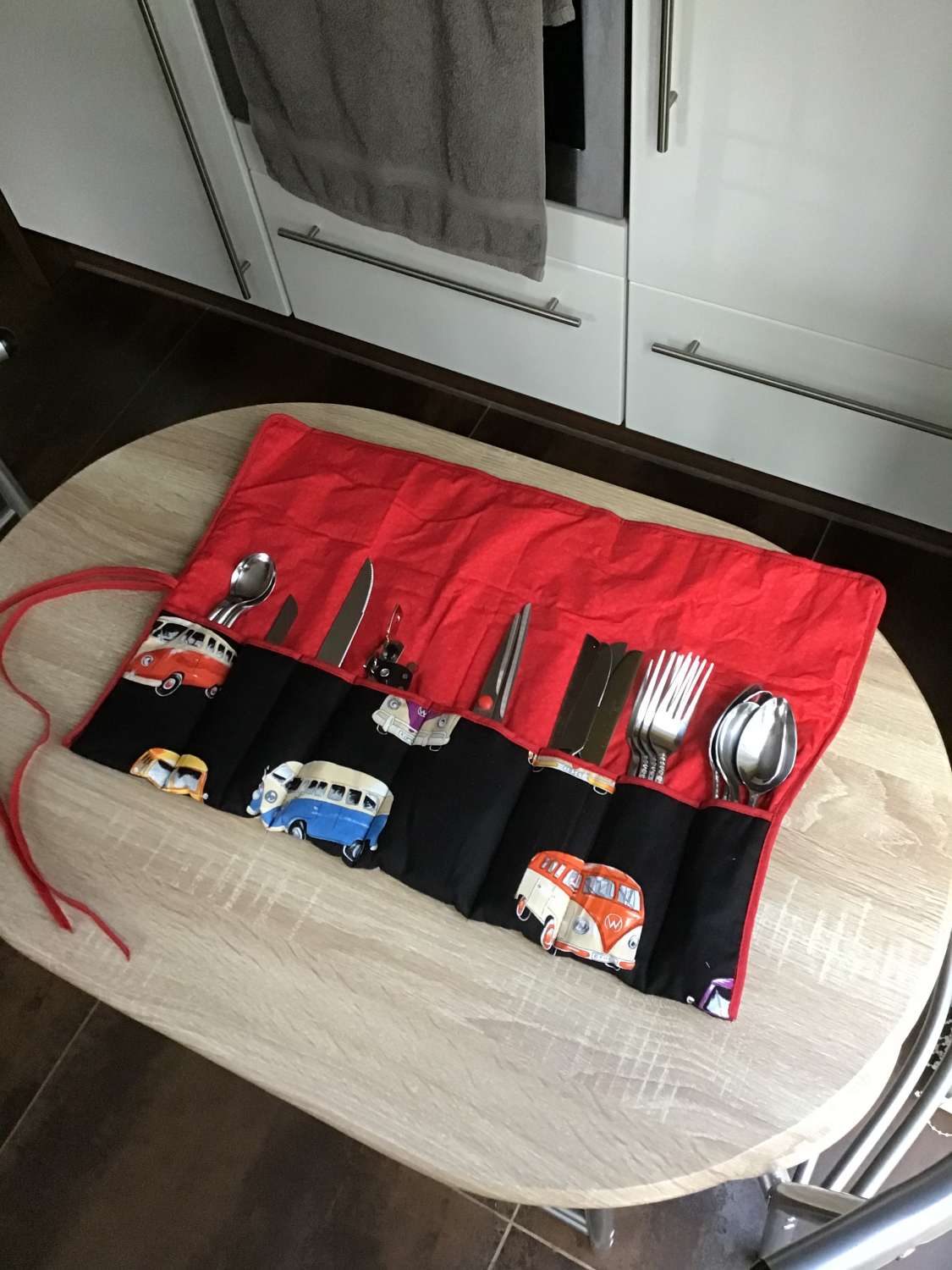 Campervan cutlery roll red fabric MadeMe
