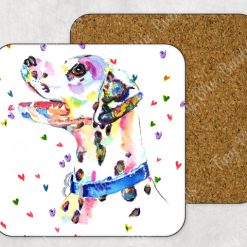 Dalmatian coaster with rainbow hearts background