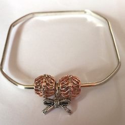 E - Square shaped Sterling Silver Bangle with Three Charms