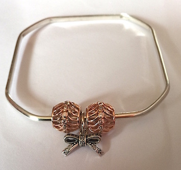 E - Square shaped Sterling Silver Bangle with Three Charms E - Square shaped Sterling Silver Bangle with Three Charms