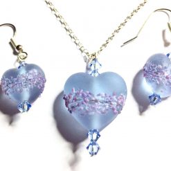 E - Stunning Lilac Lampwork Hearts Pendant & Earrings Set With Swarovski Crystals