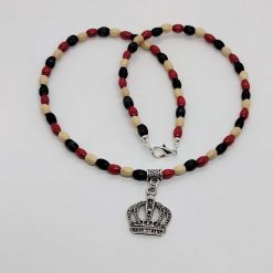 Coronation themed handcrafted crown wood necklace in red, white and blue