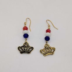 coronation themed handcrafted gold crown earrings in red, white and blue