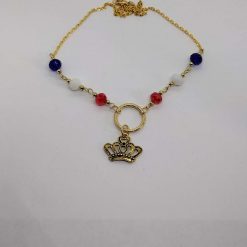 Gold coronation themed handcrafted necklace in red, white and blue 3