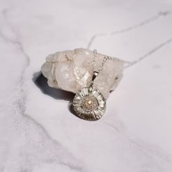 Fine silver daisy pendant with yellow cz on sterling silver chain, flower pendant