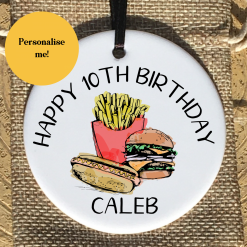 Birthday gift for 9 10 11 12 13 year old, Present for boy girl, Personalised birthday gift, Fast food art, Hanging ceramic decoration, UK