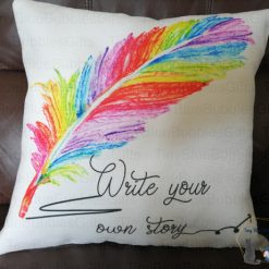 Rainbow feather Write your own story cushion
