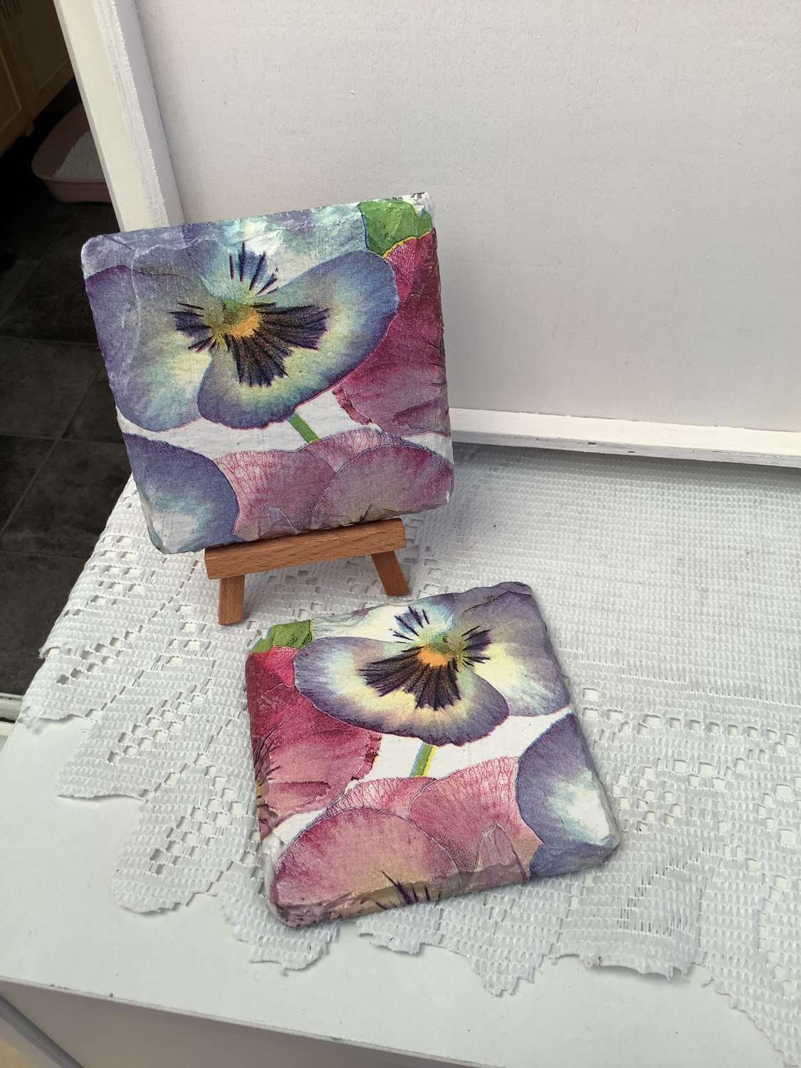 DECOUPAGED SLATE COASTERS PANSY DESIGN SET OF 2 MadeMe
