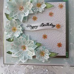 Luxury Handmade card - Happy Birthday - Mint Green & white with spray of flowers & sparkles