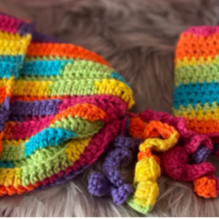 C - Handmade Crochet Rainbow Beanie Hat with Twizzles & Fingerless Mittens Set