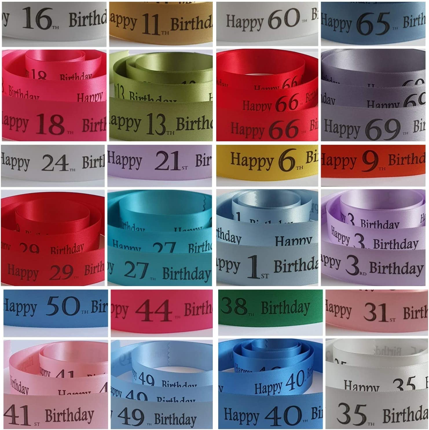 Happy Birthday Ribbon Any Age 1st to 100th 15mm, 25mm & 38mm Satin
