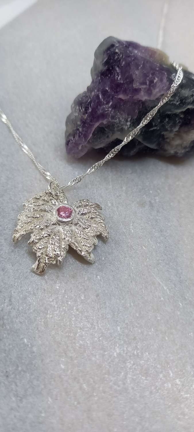 20220612_160115 Unique silver leaf with pink cz stone with twisted sterling silver chain.❤️ 3