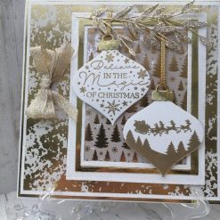 Luxury Handmade Christmas Card - Gold & White Baubles, white & gold frame with Believe in the Magic of Christmas sentiment