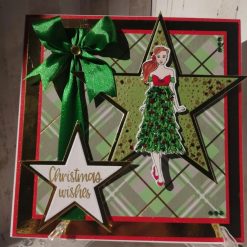 Luxury Handmade Christmas Card - Green Tartan & glamorous frills girl - Christmas Wishes