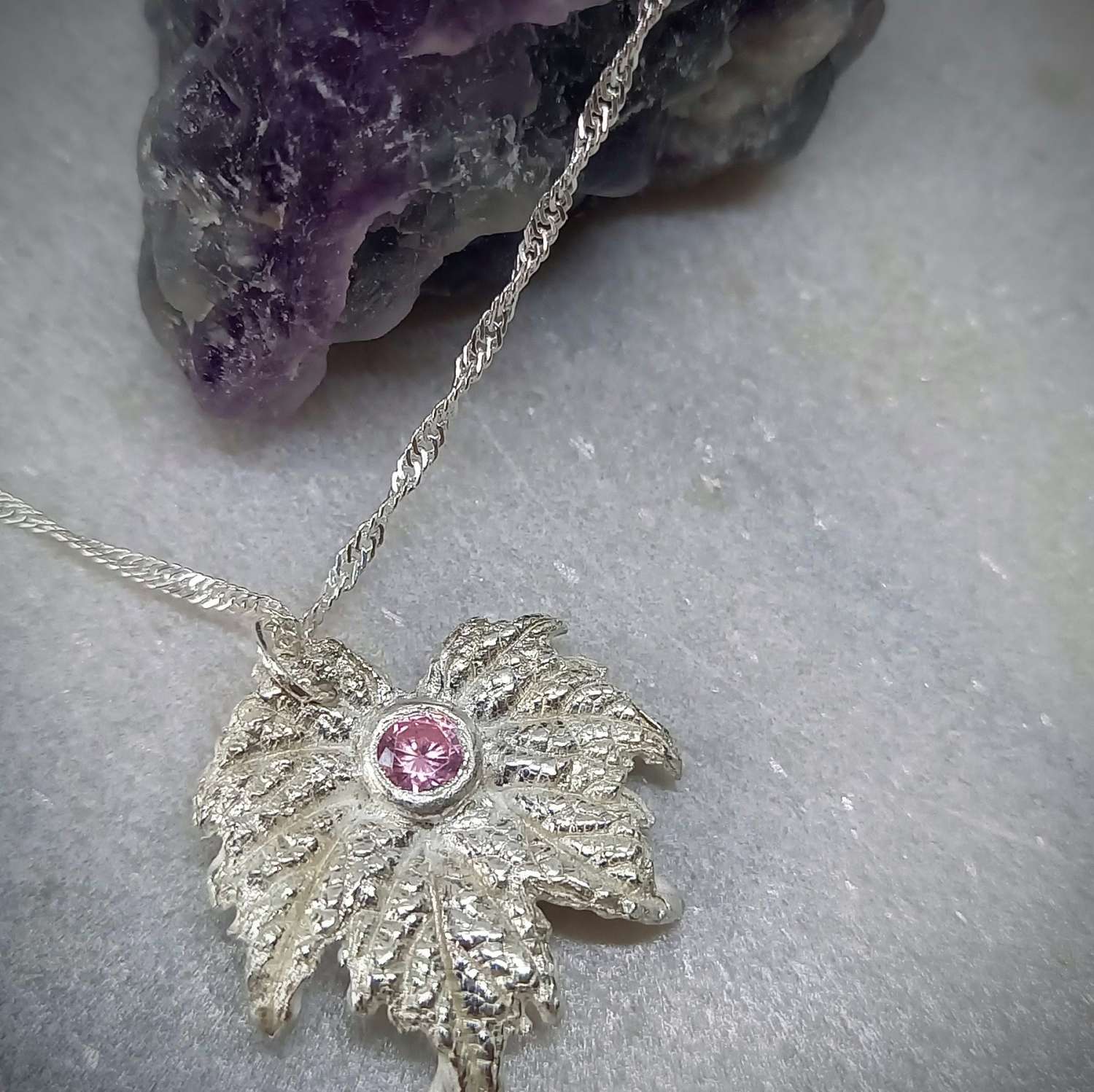 image Unique silver leaf with pink cz stone with twisted sterling silver chain.❤️ 2