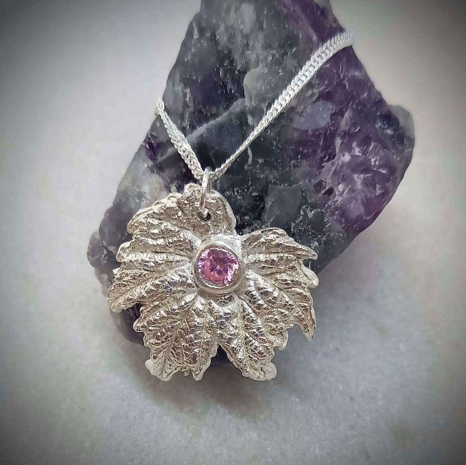 image Unique silver leaf with pink cz stone with twisted sterling silver chain.❤️ 1