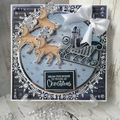 Luxury Handmade Christmas Card - Reindeer & Sleigh - Navy & Silver - White Snowflake circle - from our house to yours at Christmas
