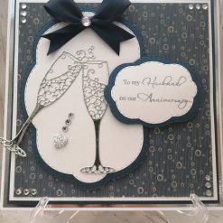 Luxury Handmade Card 'To My Husband on our Anniversary' Navy & Silver with champagne glasses
