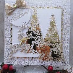 Luxury Handmade Christmas Card - White & Gold - Double Christmas tree & Prancing Reindeer - From our house to yours at Christmas