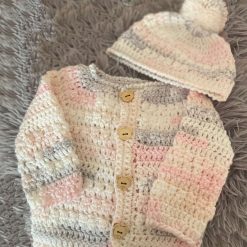 C - Crochet Baby Cardigan With Matching Beanie Pom Pom Hat - Fits Size 18" Chest