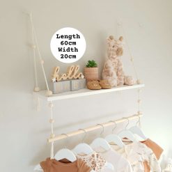 Nursery Shelf with Clothes Rail, White Shelf with Rail, Kid's Shelf, Swing Rope Shelf, Peg Rail, Hanging Shelf, Nordic Style Hanging Shelf, Swing Shelf, Baby Clothes Rail, Boho Nursery Decor, Nursery White Shelf, Bedroom Shelf, 60cm White.
