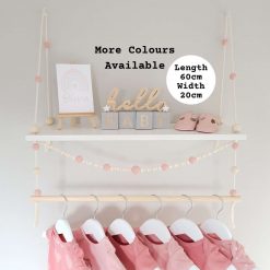 Nursery Shelf with Clothes Rail, White Shelf with Rail, Kid's Shelf, Swing Rope Shelf, Peg Rail, Hanging Shelf, Nordic Style Hanging Shelf, Swing Shelf, Baby Clothes Rail, Boho Nursery Decor, Nursery White Shelf, Bedroom Shelf, 60cm White