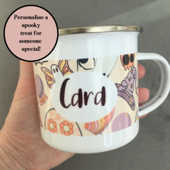 Personalised retro halloween enamel mug for kids, Halloween gift for boy girl, Spooky gift for kids, Camping mug kids, Personalised gift
