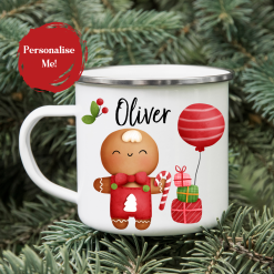 Personalised Christmas mug for kids, Gingerbread man mug, Enamel children's cup, Hot chocolate mug for boys girls, Free delivery UK shop