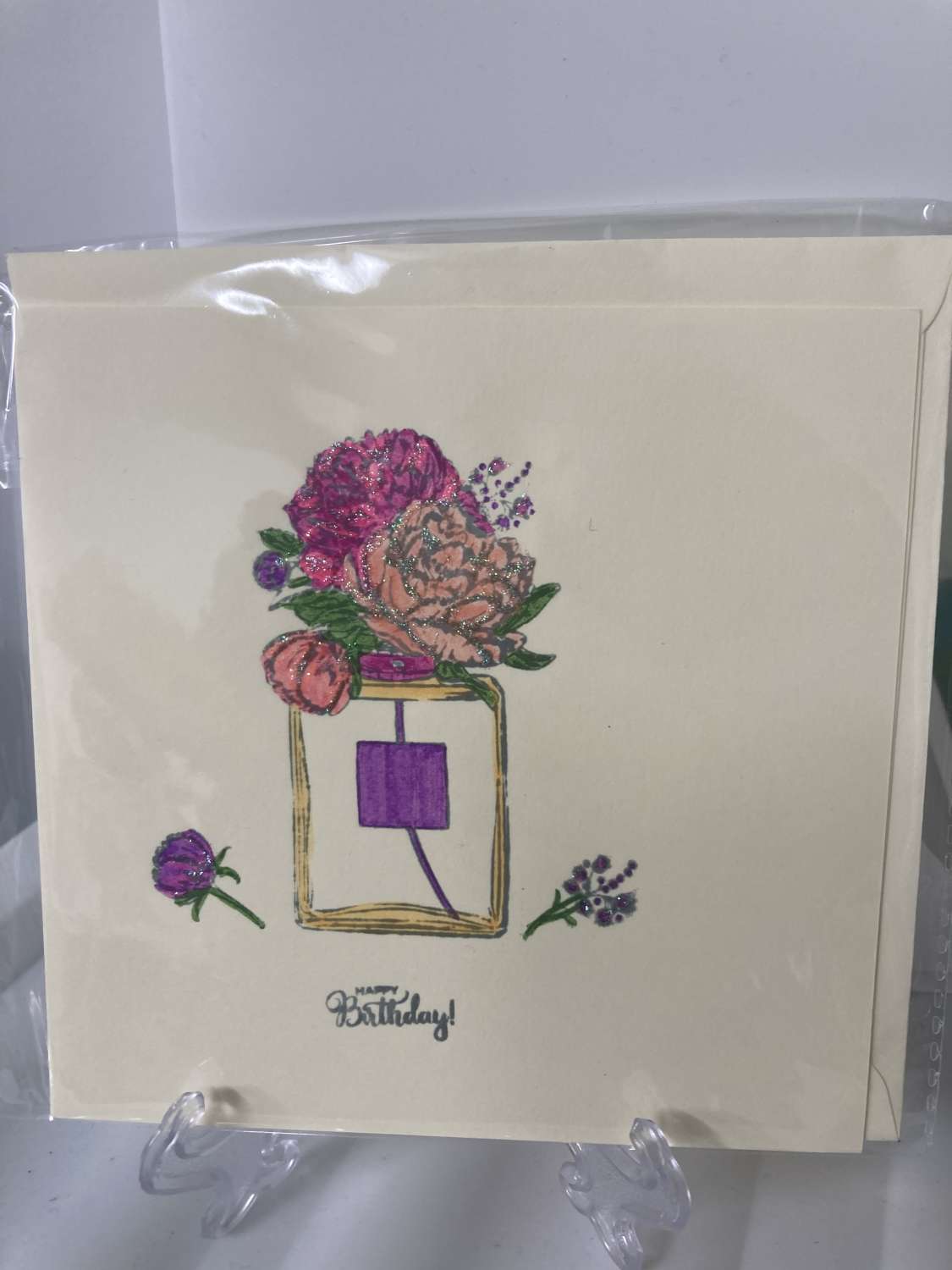 Purple pink flower perfume bottle birthday card MadeMe