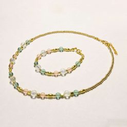 Gold Plated with Green/Pink Glass Beaded Matching Necklace/Bracelet Set